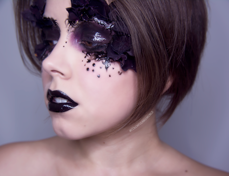 glossy eye makijaż na halloween, halloween make-up, tutorial halloween, black roses make-up, black swan make-up, editorial make-up, glossy eye make-up, charakteryzacja, Sleek Bad Girl , Inglot 62, Miyo no.13 Chili ,DUO Eyelash Adhesive, Lime Crime Black Velvet, Lovely Waterproof Top Coat, Bourjois Healthy Mix N51 ,Manhattan Soft Mat Loose Powder, Inglot puder do konturowania 505, make-up trends 2015/2016, makijażowe trendy 2015/2016, sezon lato/jesień, blog makijażowy, blog o makijażu, sienia blog, kolorowy makijaż blog, colorful mad world, colorful mad world blog, grunge make-up, grunge style, goth make-up, dark make-up, pinterest