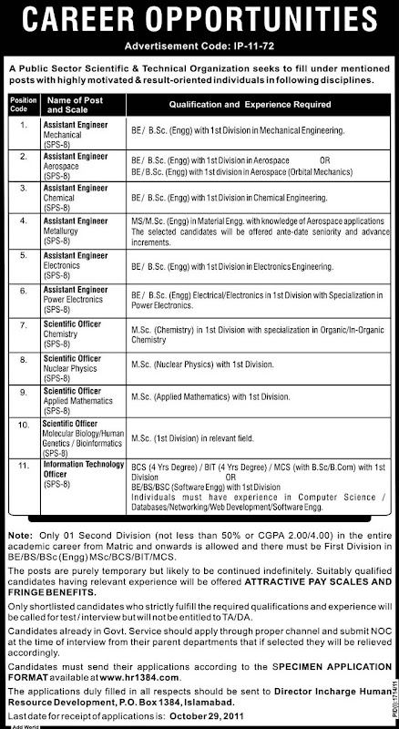Public Sector Scientific and Technical Organization Islamabad Jobs