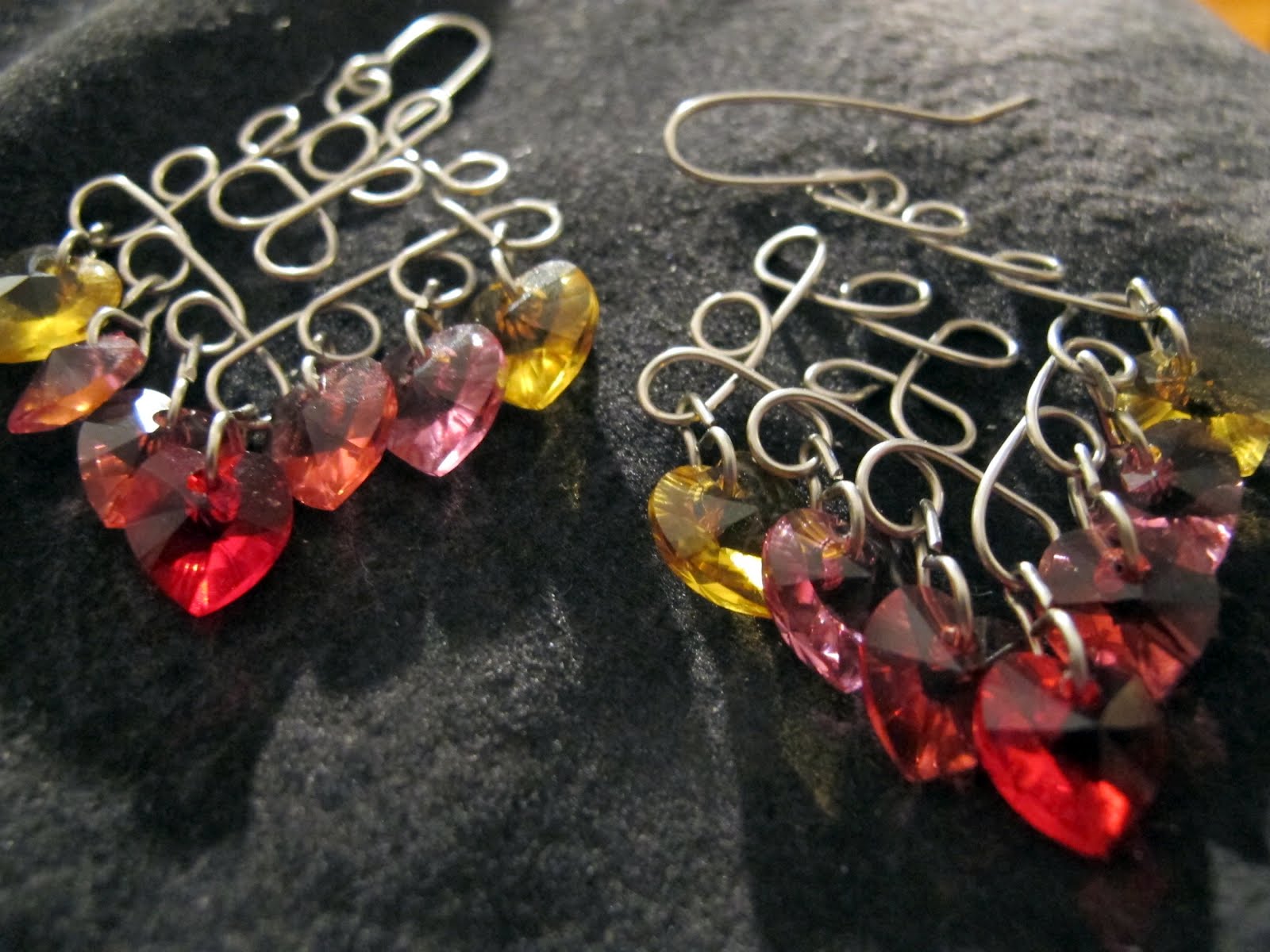 Naomi S Designs Handmade Wire Jewelry More Wrapped Silver Wire Wrapped Chandelier Earrings With Red Yellow And Pink Swarovski Crystal Hearts