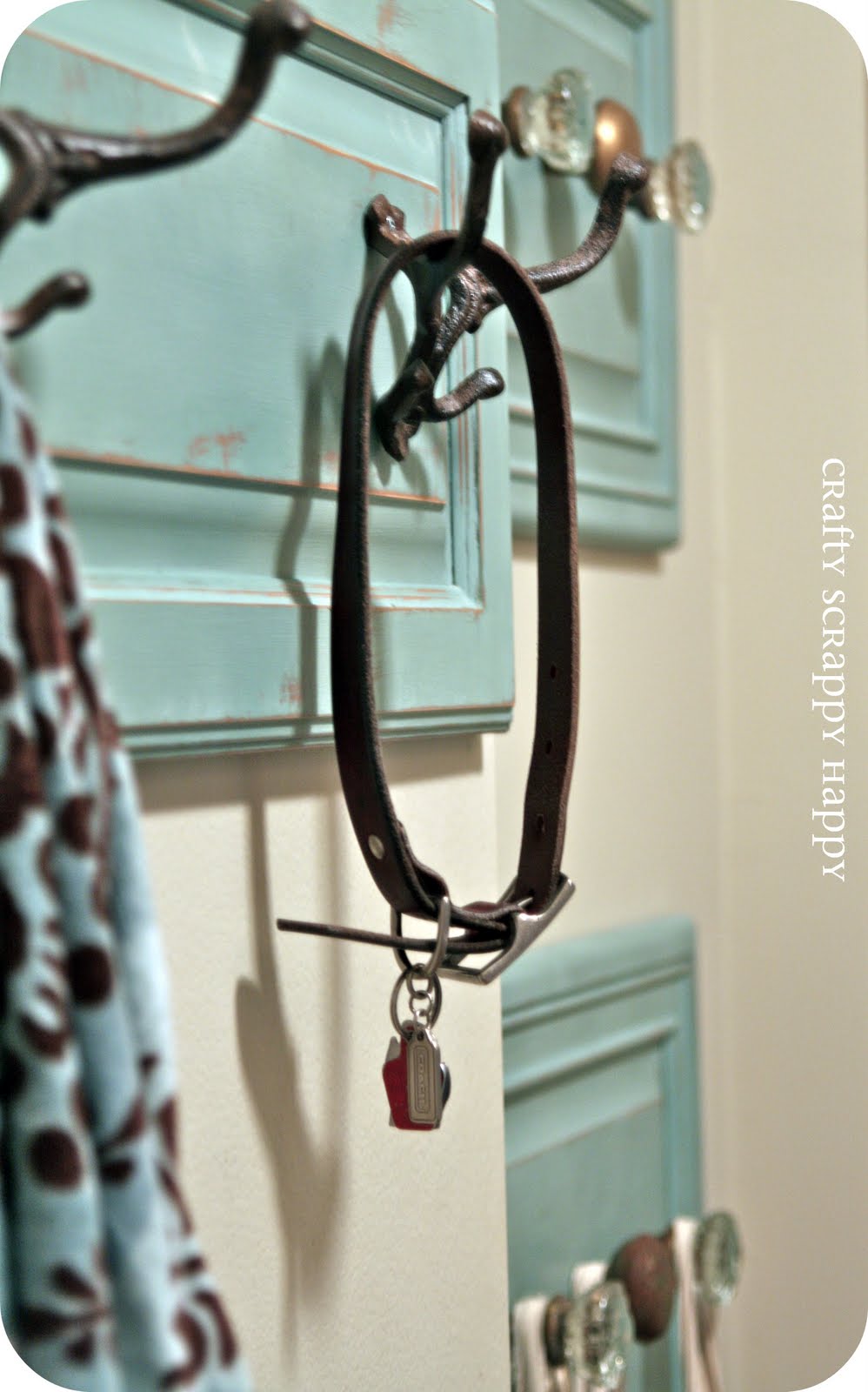 Crafty, Scrappy, Happy Coat hanger display from doors