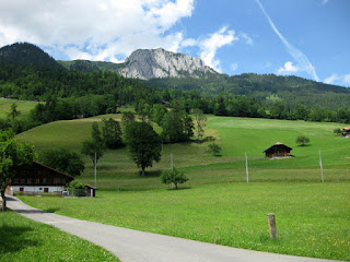 Pastoral view with distant rock face, en route to Lenk im Simmental, Switzerland