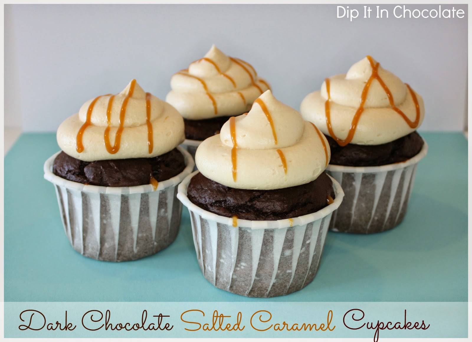 Deep Dark Chocolate Cupcakes with Salted Caramel Frosting Dip it in