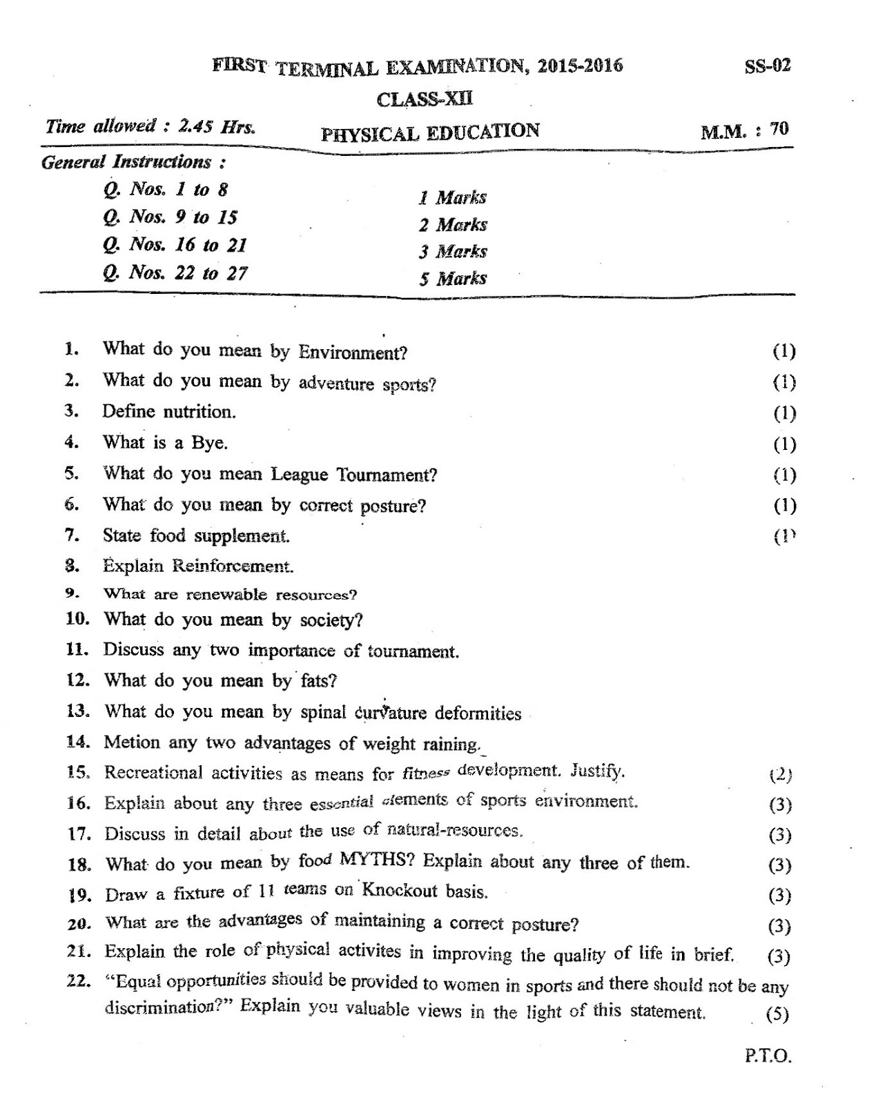 physical education sample paper pdf