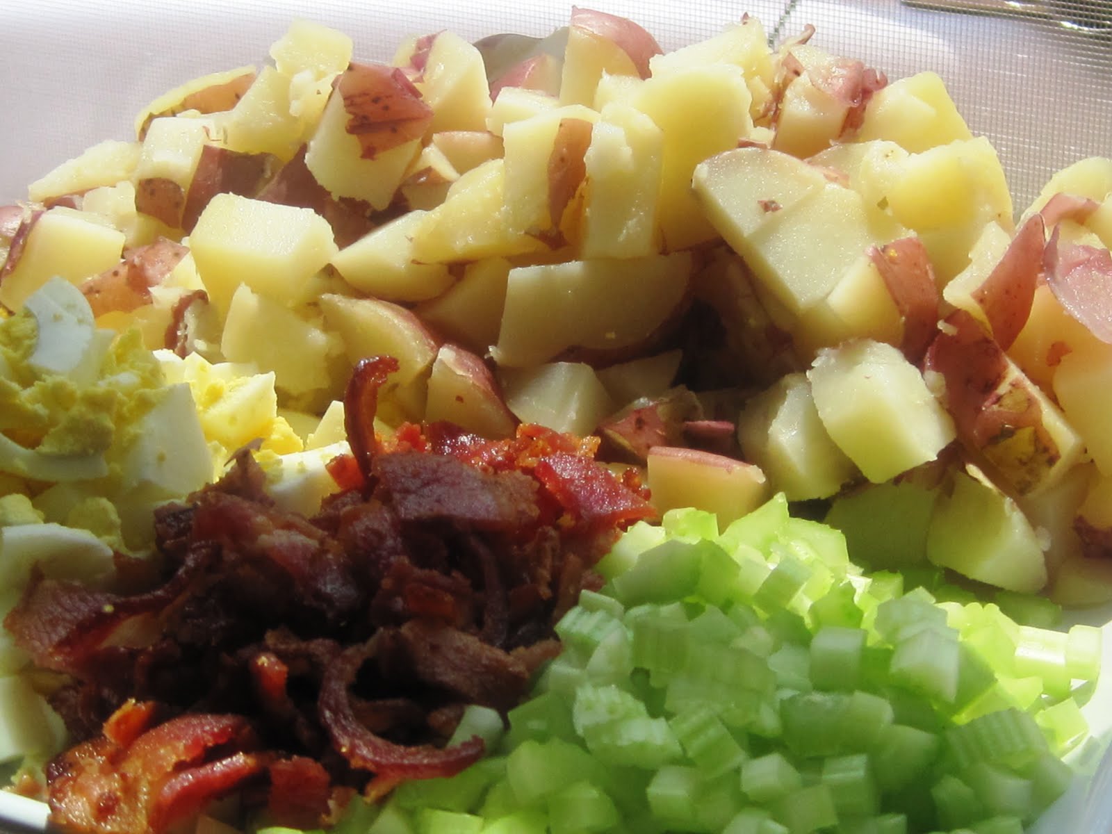 Taste the Rainbow Baby Red Bliss Potato Salad with Bacon, Eggs, Red