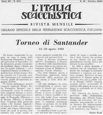 Artículo de Enrico Paoli, aparecido en L’Italia Scacchistica del I Gran Torneo Internacional de Ajedrez Santander 1958