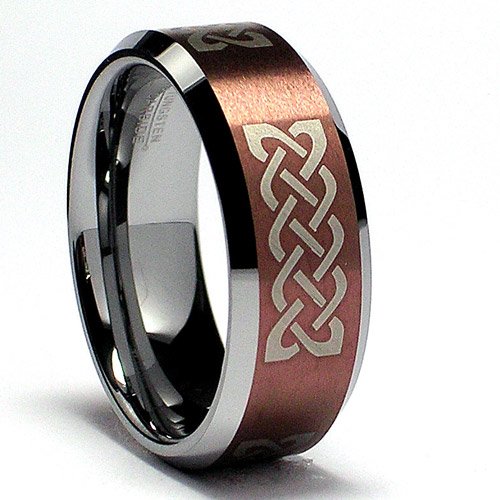 Chocolate Tungsten Ring with Laser Etched Celtic Design