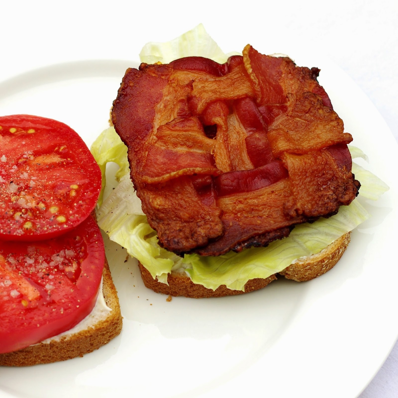 Sage Trifle BLT Sandwiches with Heirloom Tomatoes and Basket Weave Bacon