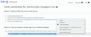 Cara Mendaftarakan Blog ke Bing dan Yahoo - Copy kode verifikasi yang disediakan (dengan awalan <meta name="), lalu pastekan dibawah kode <head>. (Gambar tidak terlihat? Klik kanan tulisan ini, lalu pilih Reload Image)