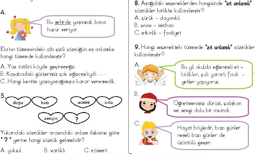 2. Sinif Türkçe Sözcükte Anlam Soruları Testi - Ders ve Çalışma Kitabı