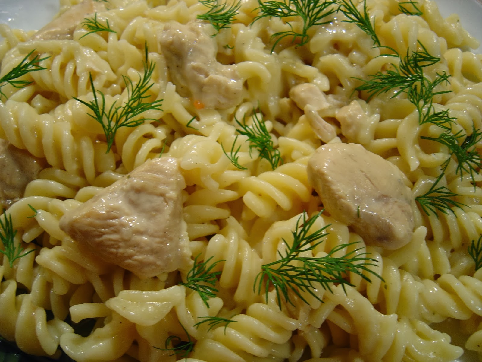 Kurczak w sosie śmietanowym z makaronem.