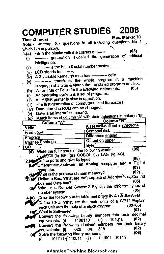 Adamjee Coaching IX Computer Studies Past Year Paper 2008