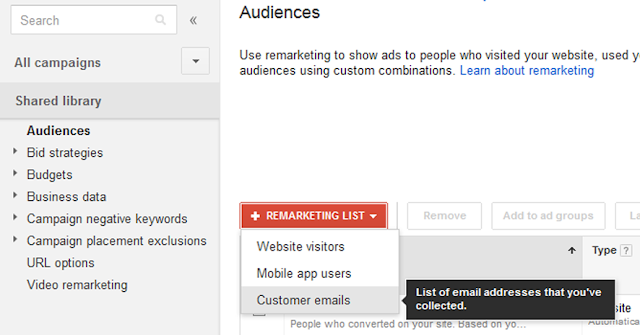 Find Customer Emails Option Under +Remarketing List Find Customer Emails Option Under +Remarketing List