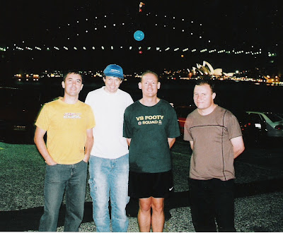 109-2A Scottish Dave, Steve, Kevin and Ian in front of the Sydney Harbour Bridge in front of the Sydney Opera House 19 01 2005