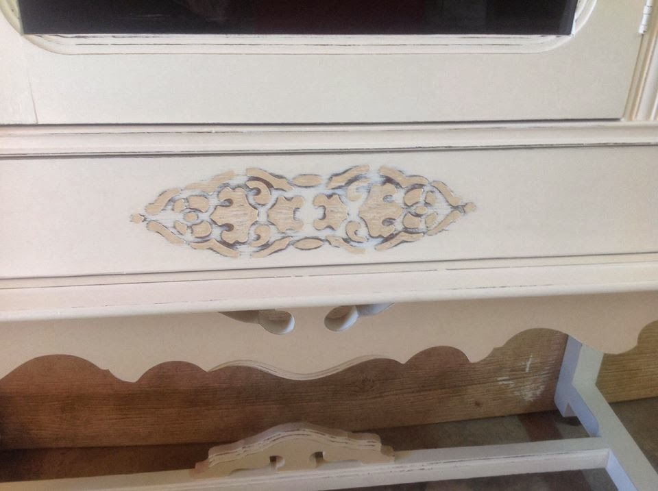 Dark Wax Makes The Details POP! China Cabinet Makeover By Antiqued With Love - Featured On Furniture Flippin' - www.FurnitureFlippin.com