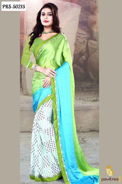 Wedding and New Year 2015 2016 green sky pure silk casual saree online shopping at lowest price in India at pavitraa.in