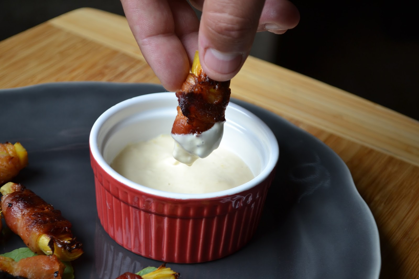 Hardly Housewives Bacon Wrapped Artichoke Hearts with Lemon Dijon Aioli