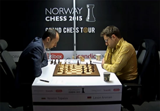 Début de tournoi en fanfare pour le champion bulgare Topalov qui bat Aronian ronde 4 pour mener sur le score de 3.5 sur 4 - Photo © site officiel Début de tournoi en fanfare pour le champion bulgare Topalov qui bat Aronian ronde 4 pour mener sur le score de 3.5 sur 4 - Photo © site officiel
