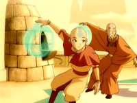 Aang, fair-skinned boy and his mentor Gyatso, airbending monks. Gyatso wears saffron robes of an elder monk, while Aang wears the yellow tunic and orange belt and cape of Air Nomad novices. both have blue arrows tattooed on their heads