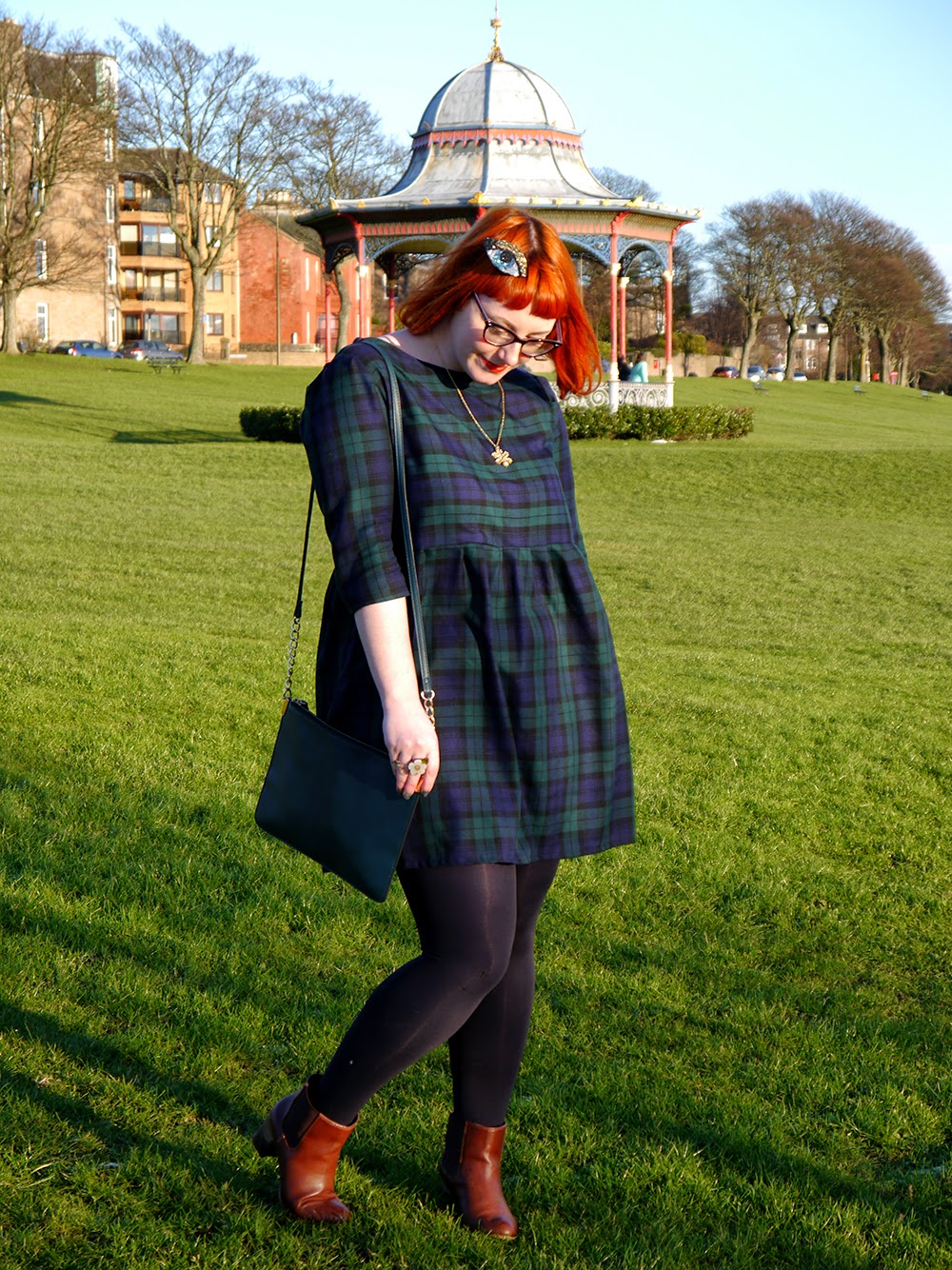 Winter tartan outfit Scottish blogger, winter outfit, Luna on the Moon eye, Bonnie Bling snowflake necklace, Handknitted circle scarf, Vintage Style Me tartan dress, Zara brown ankle boots, Accessorize clutch bag, Red head, ginger, winter sun