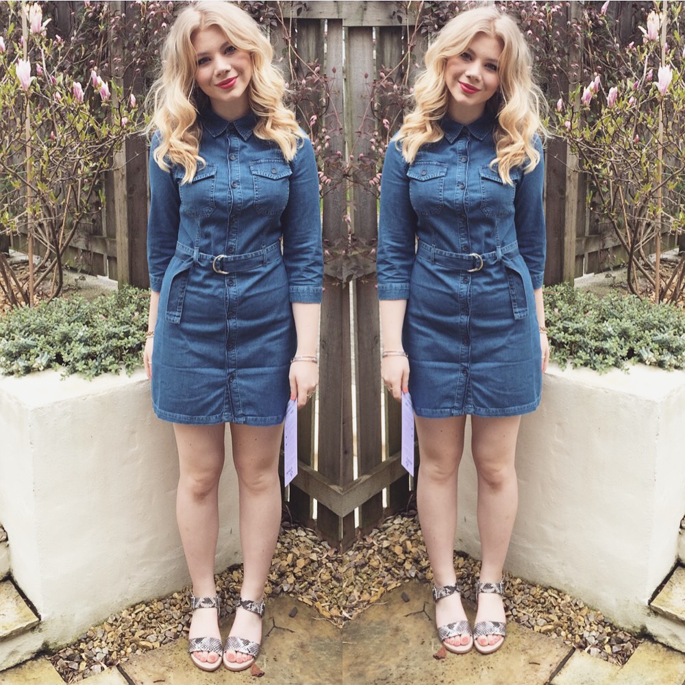 denim dress with black tights