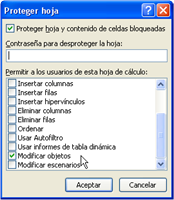 Cuadro de dialogo Proteger hoja para permitir modificaciones en gráficos Cuadro de dialogo Proteger hoja para permitir modificaciones en gráficos