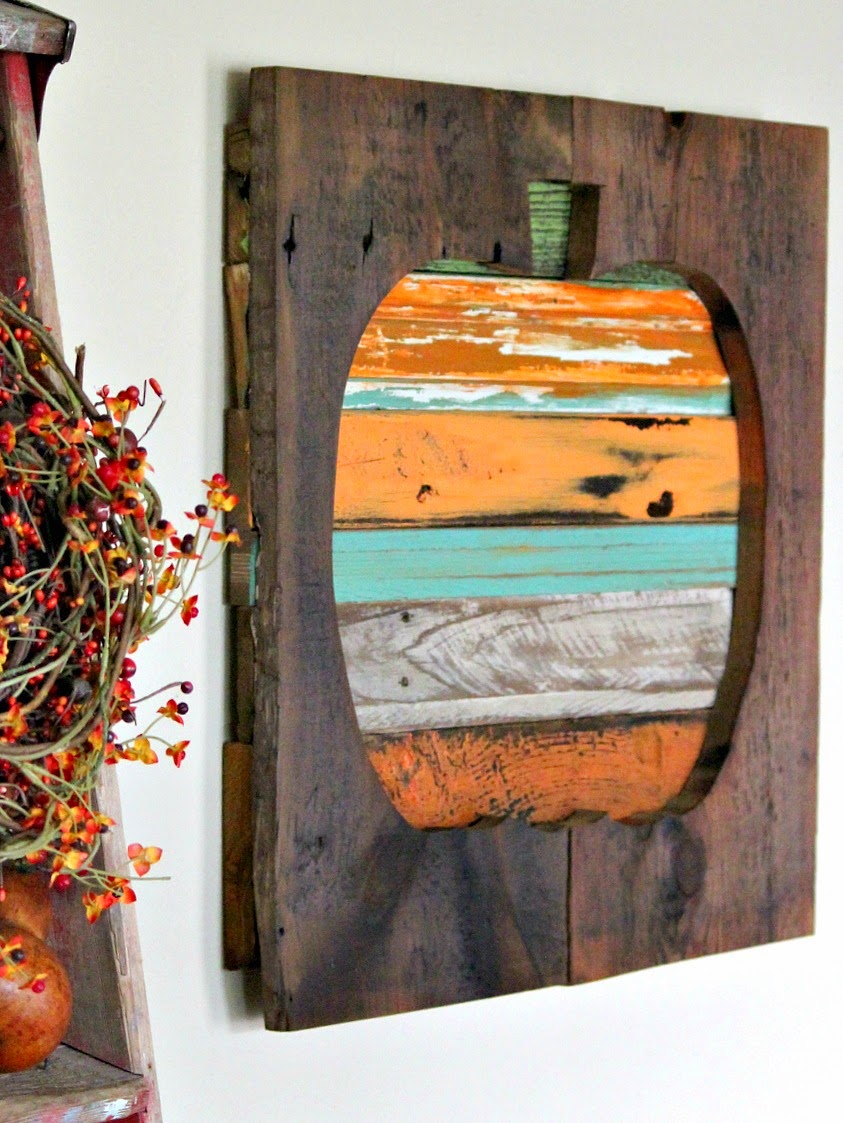 salvaged reclaimed wood pumpkin http://bec4-beyondthepicketfence.blogspot.com/2014/10/salvage-style-reclaimed-wood-pumpkin.html