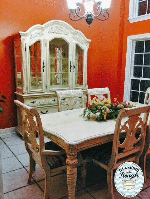 Antique White With Distressing - Gorgeous Dining Room Table/Chairs & Hutch Makeover By Diamond In The Rough - Featured On Furniture Flippin' - www.FurnitureFlippin.com