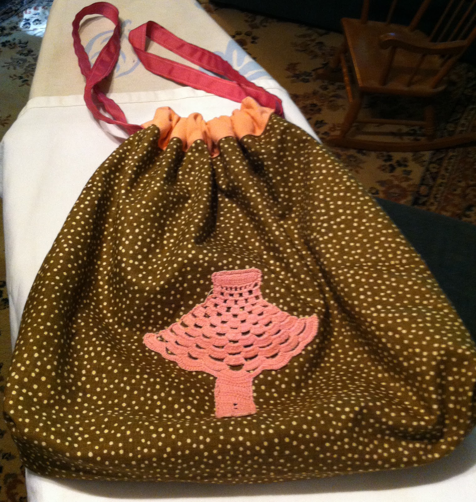 The Hidden Pantry Polka Dot Drawstring Bag With Vintage Crochet
