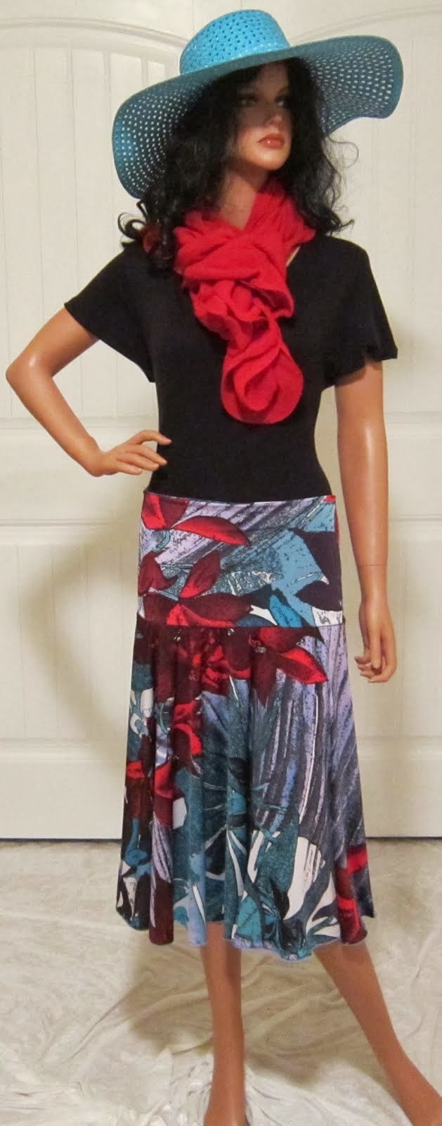 Tropical Red and Blue Midi Boot Skirt