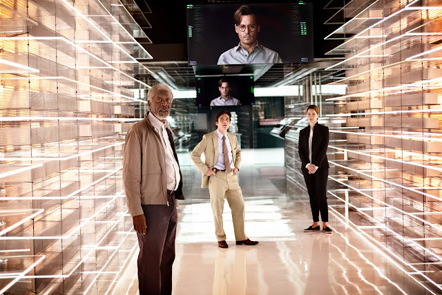 Transcendence movie still featuring Johnny Depp, Morgan Freeman, Cillian Murphy, Rebecca Hall
