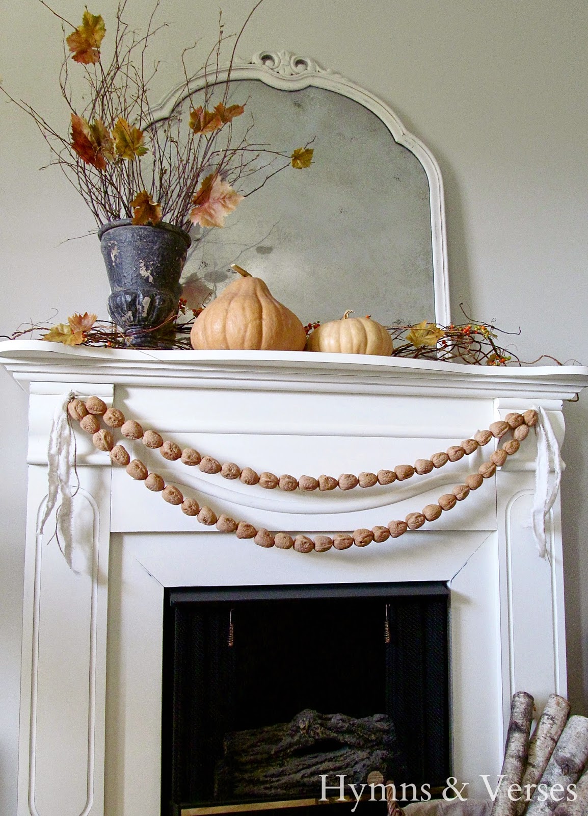 fall mantel with walnut garland fall mantel with walnut garland