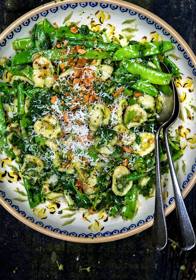 Orecchiette with Snow Peas, Asparagus, and ArugulaMint Pesto WILD