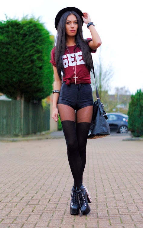 BLACK OVER THE KNEE ILLUSION TIGHTS DISCO SHORTS SPIKED BOOTS 