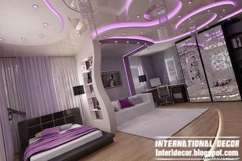 contemporary bedroom design ideas with unique ceiling and purple LED lighting