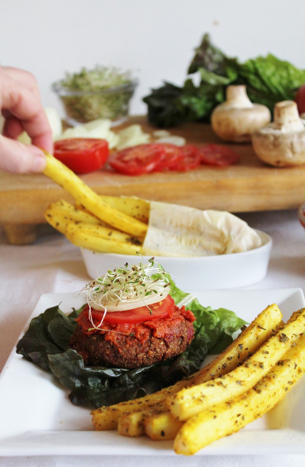 This Rawsome Vegan Life raw yam burgers & daikon fries with ketchup