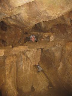 pep inside a formation in the Lake Shasta Caverns, Lake Shasta, California