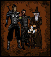 The "Perfect" Party-Pathfinder A half orc in armor, a cleric hold up his holy symbol, a halfling archer and a wizard in a pointy hat-pathfinder