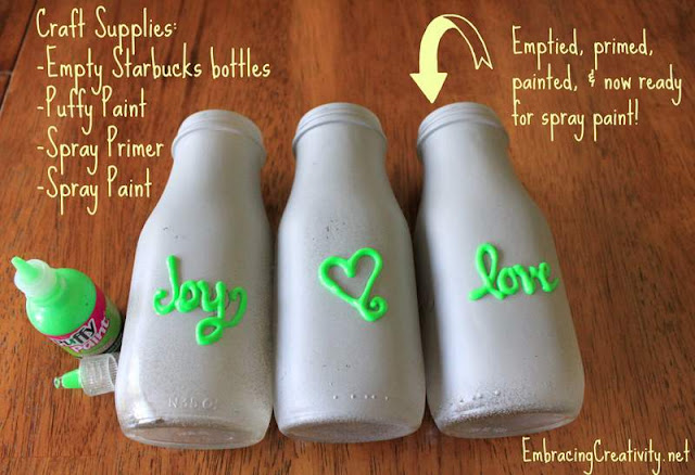 Puffy paint DIY message jars that resemble vintage mason jars... so pretty! By Embracing Creativity, featured on I Love That Junk