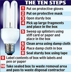 The ten steps of disposal of a broken CFL bulb