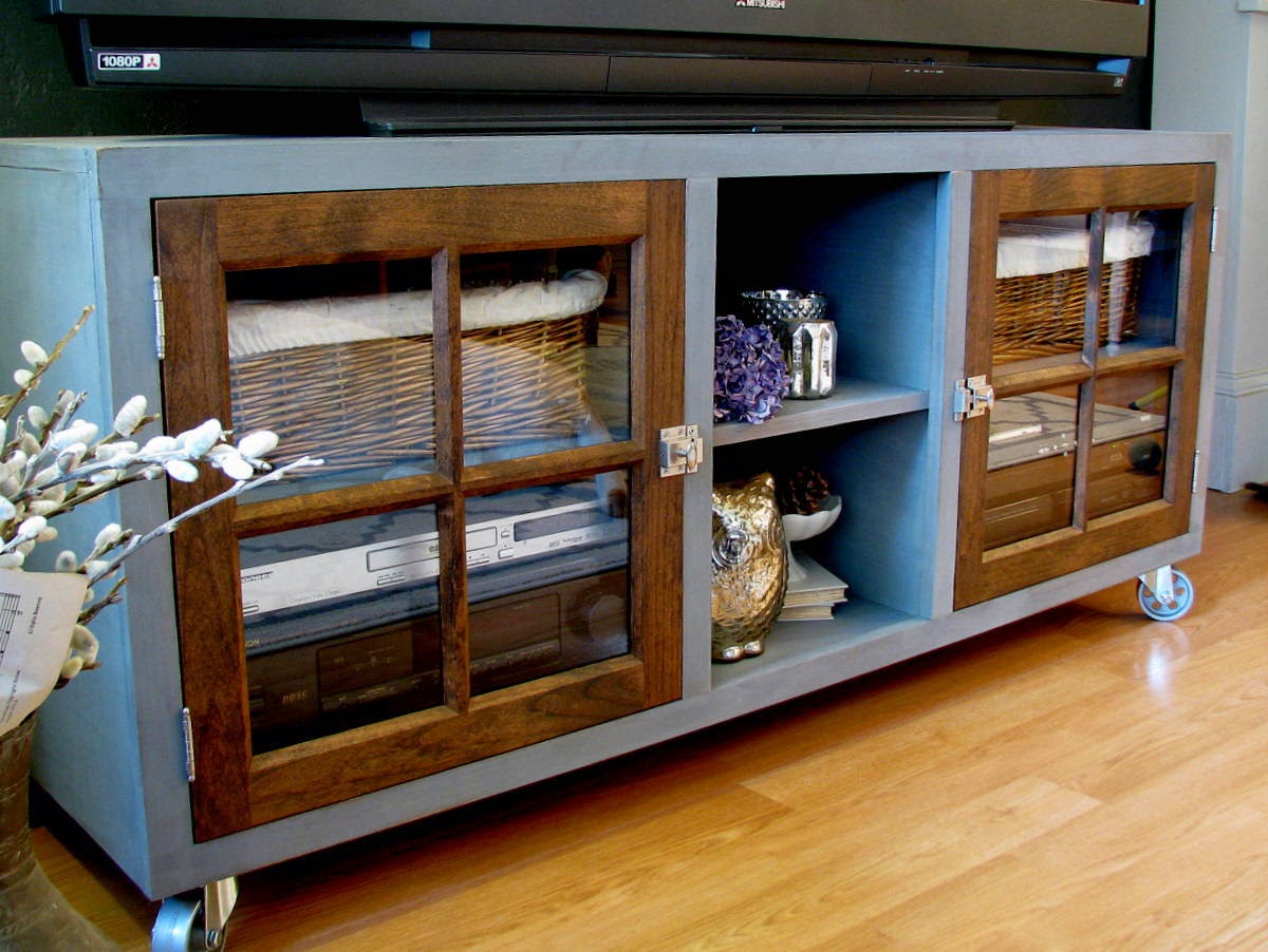 blue roof cabin DIY Media with Custom Doors