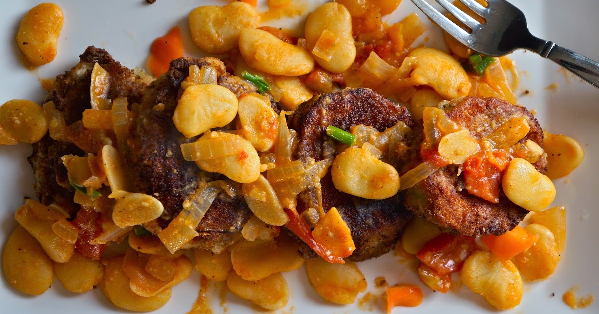 Fried eggplant with sauteed butter beans