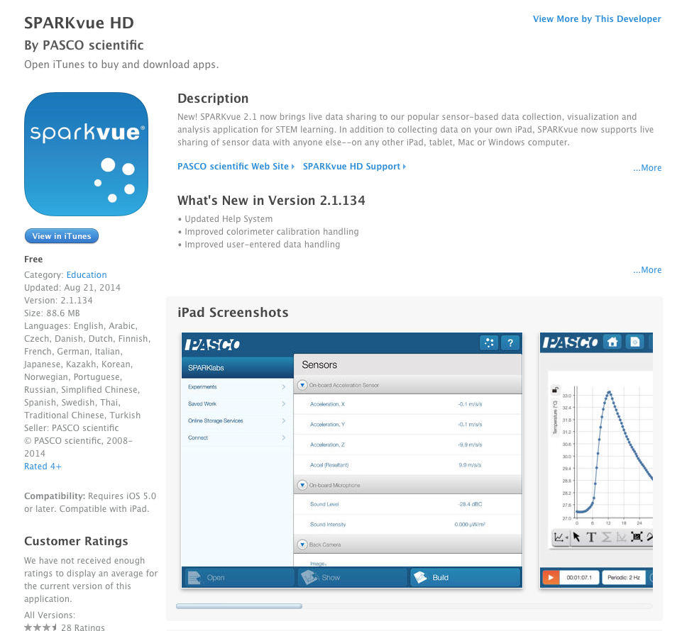 Free iOS App SPARKvue (data collection app for PASCO sensors) UCET
