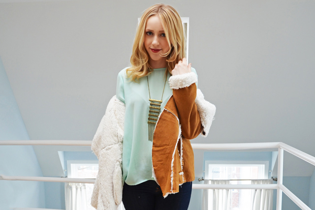 shearling drape coat from us trendy gap jeggings aldo studded ankle boots casual weekend outfit
