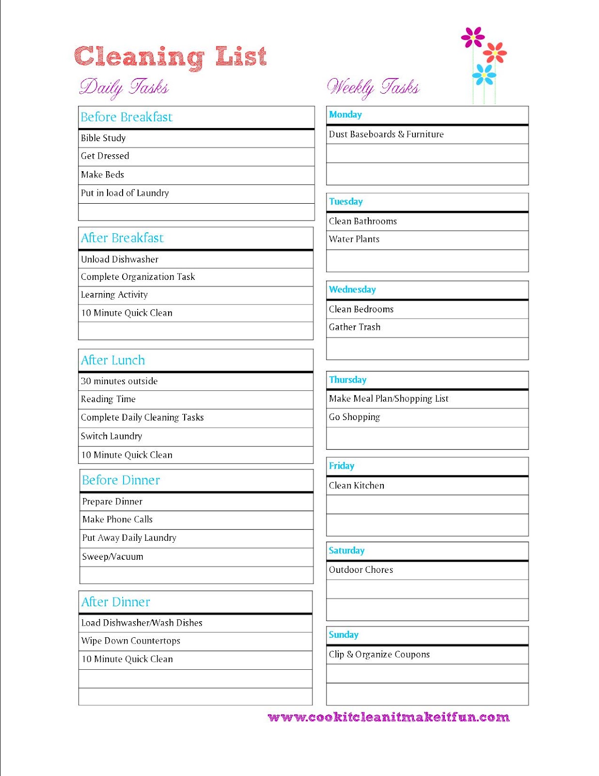 house cleaning chart