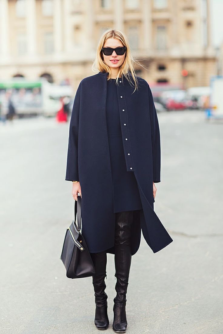 How to wear black with navy navy coat and black boots