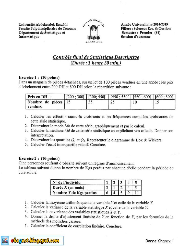 Examen Statistique Descriptive S1 Qcm