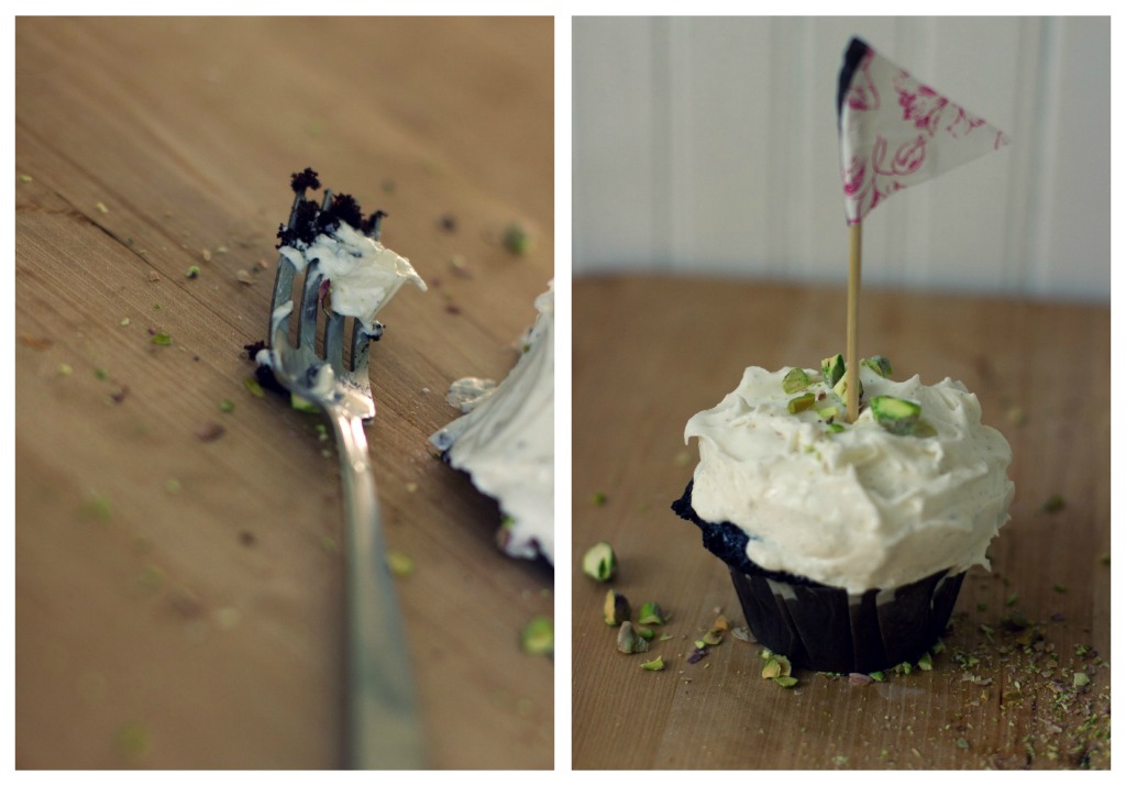 chocolate olive oil cupcakes with goat cheese frosting and pistachios