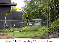 South end of Building 27 at Magnuson Park, Seattle The closed-off annex to this former aircraft hangar onced housed a workshop for aircraft instrument maintenace.