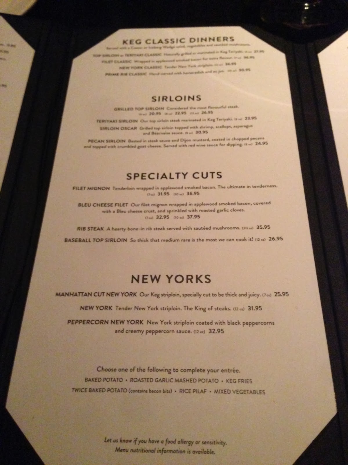 Keg+Steakhouse+Menu While reviewing the menu we ordered some beer and wine.