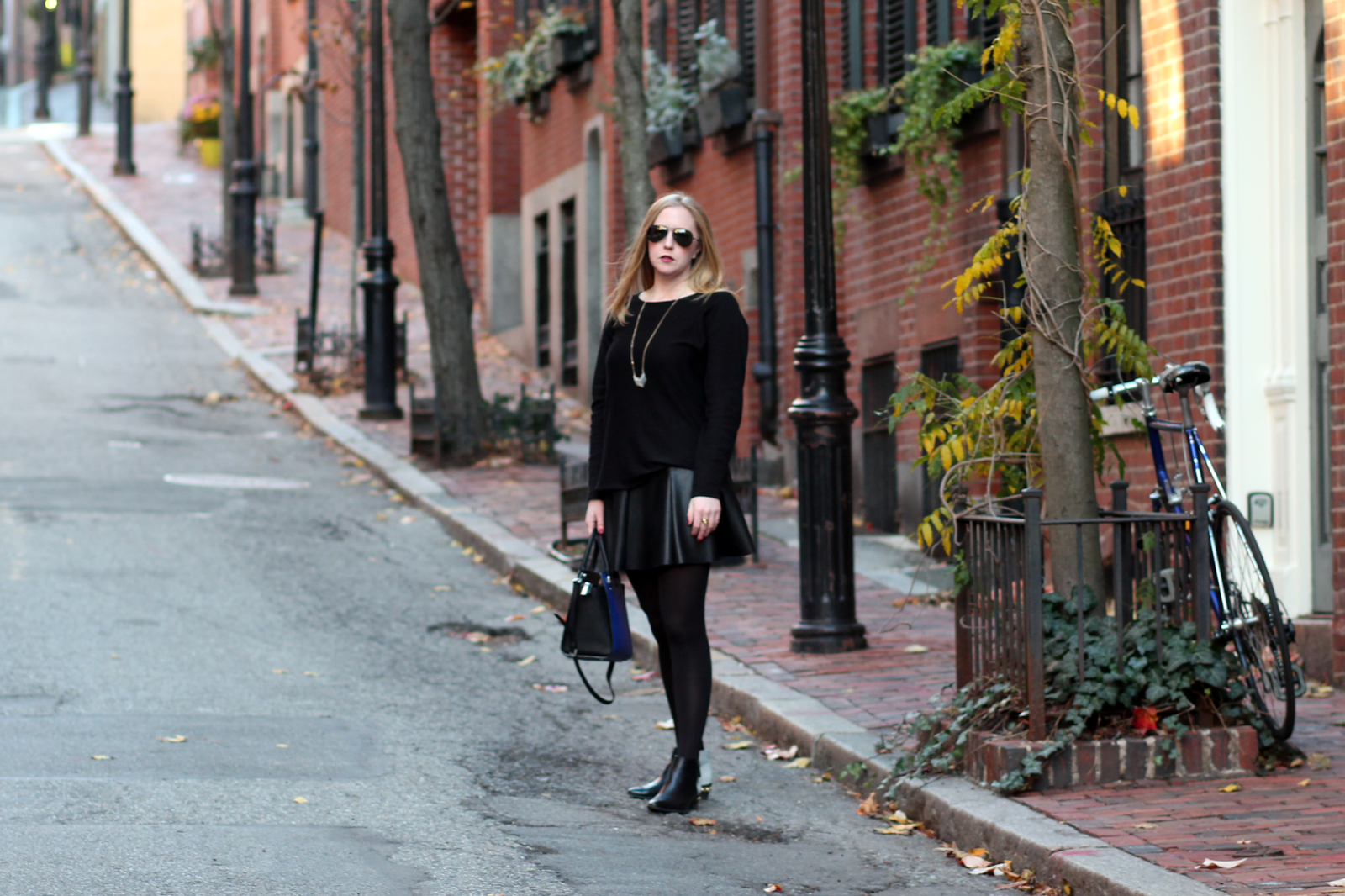 boston style blog, boston fashion blog, beacon hill, boston fashion blogger, faux leather pleated skirt, circus by sam edelman, black sweater on black leather, monochromatic look 